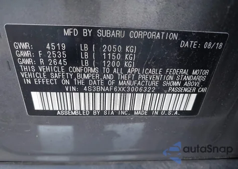 2019 Subaru Legacy 2.5I Premium из США, поврежденный, VIN 4S3BNAF6XK3006322